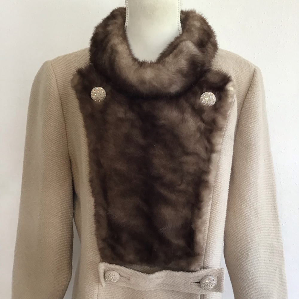 Youth Craft Women Vintage Beige Pea Coat with Brown Faux Fur Trim M - Picture 4 of 12
